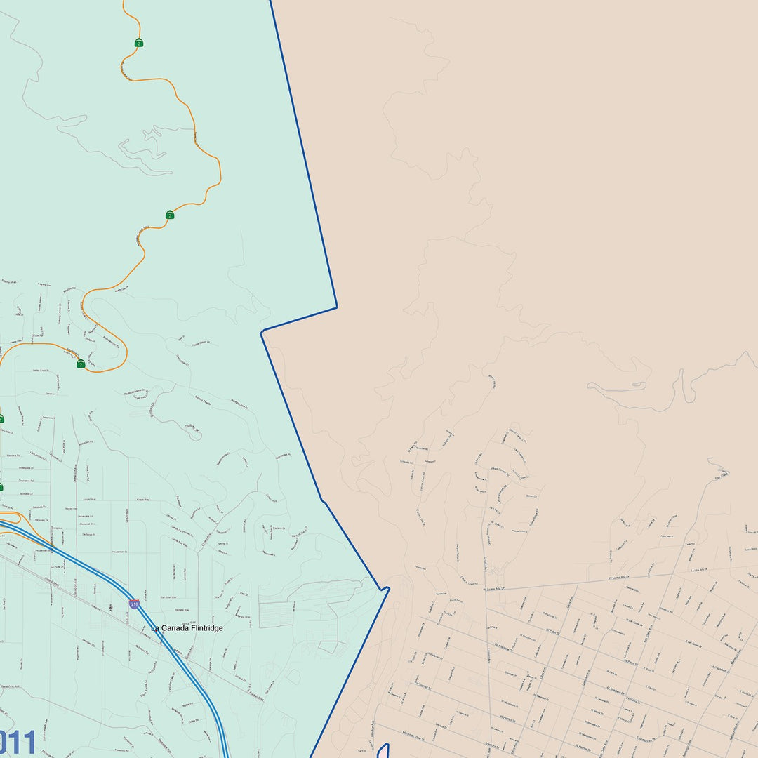 Color Cast Zip Code Style Wall Map of Pasadena, CA
