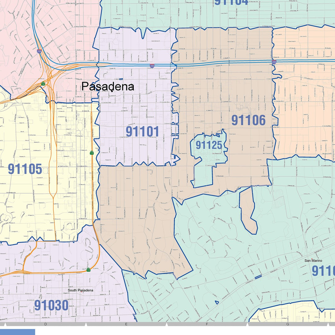 Color Cast Zip Code Style Wall Map of Pasadena, CA