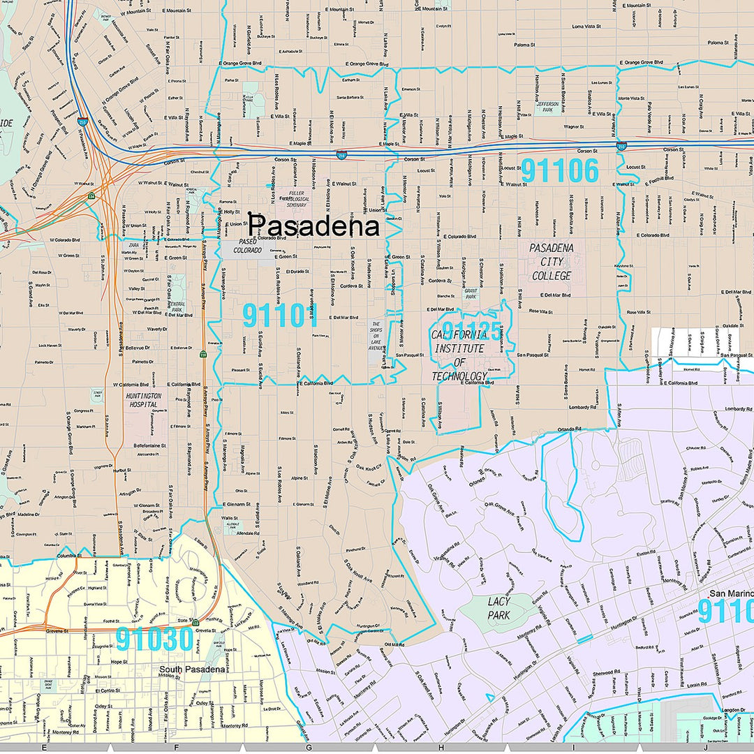 Premium Style Wall Map of Pasadena, CA