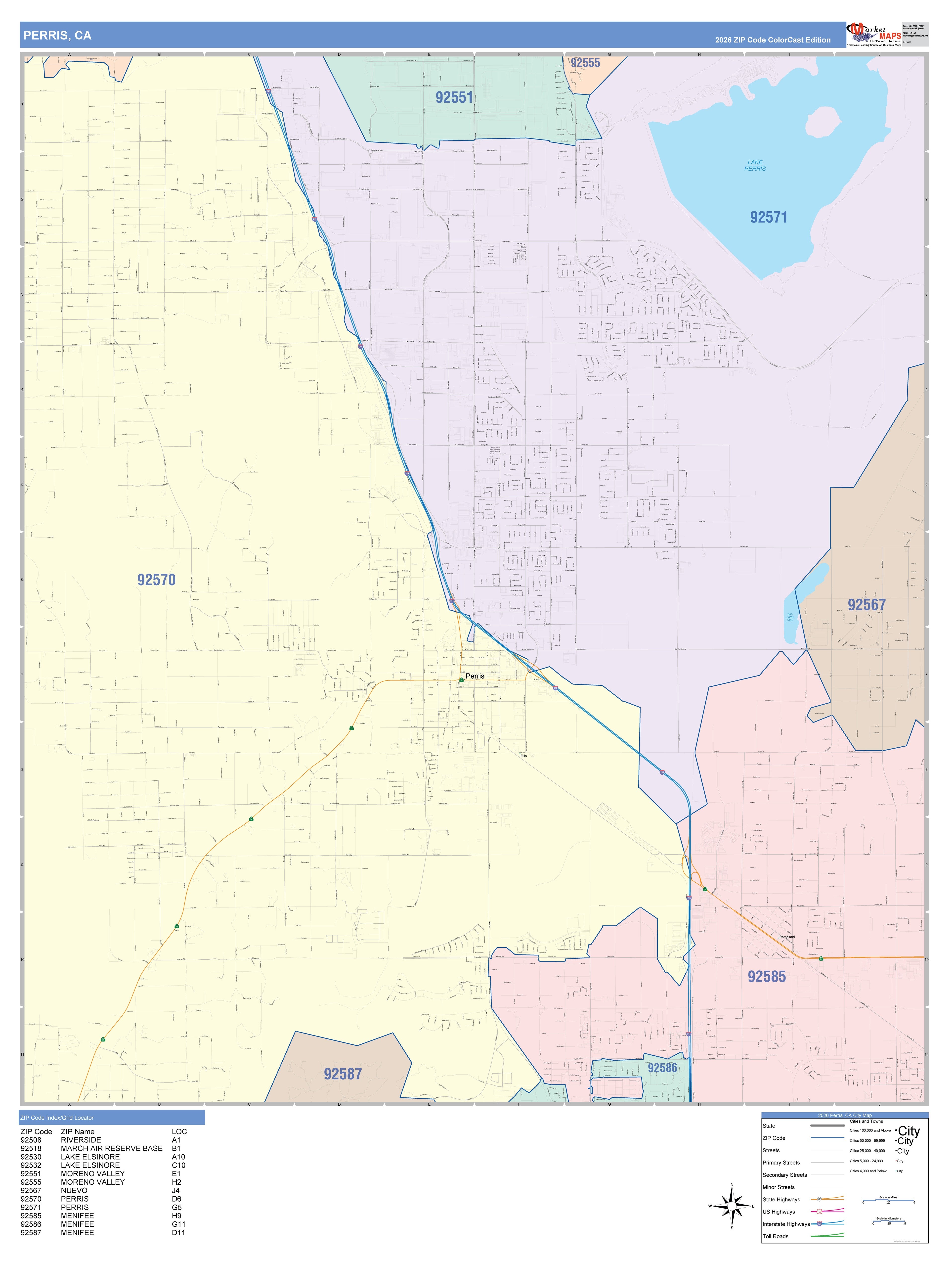 Color Cast Zip Code Style Wall Map of Perris, CA – American Map Store