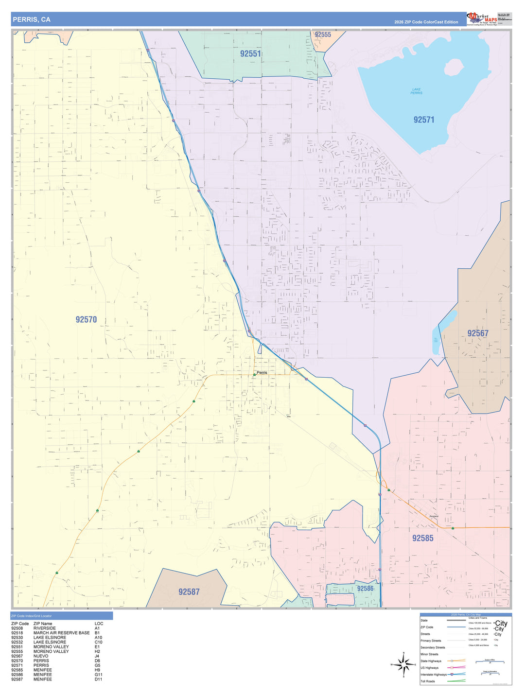 Color Cast Zip Code Style Wall Map of Perris, CA