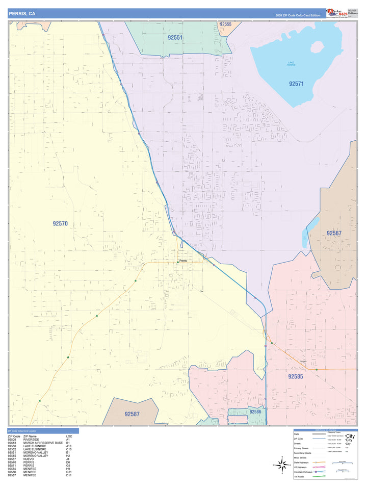 Color Cast Zip Code Style Wall Map of Perris, CA