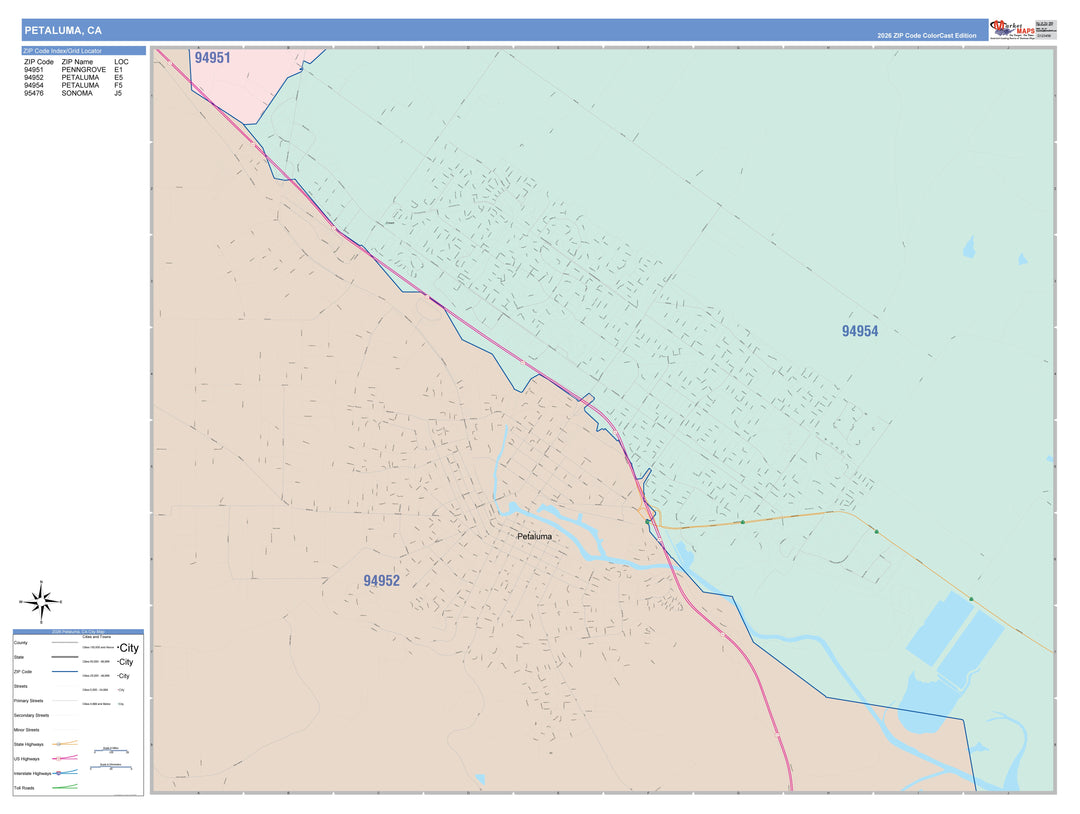 Color Cast Zip Code Style Wall Map of Petaluma, CA
