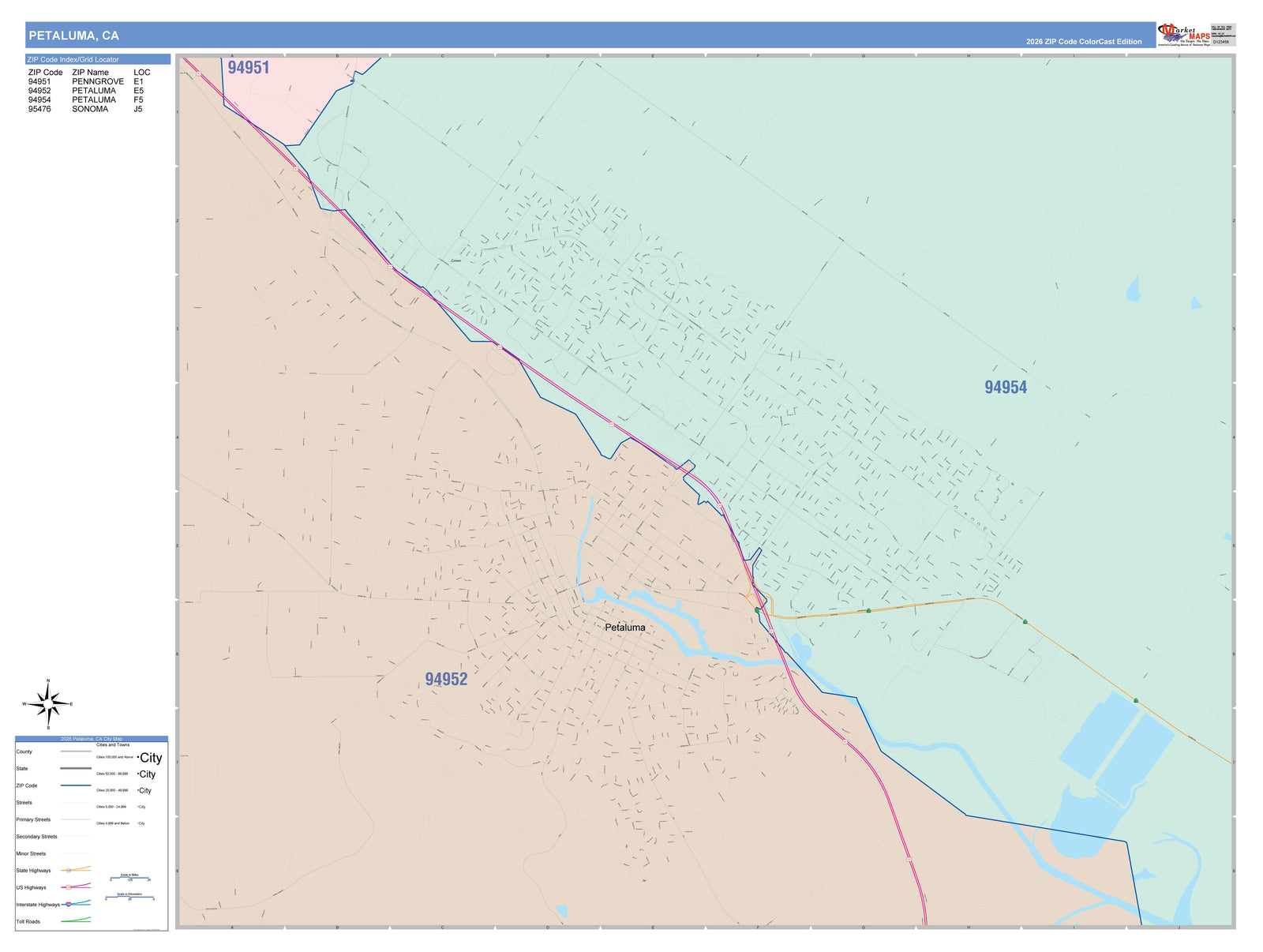 Color Cast Zip Code Style Wall Map of Petaluma, CA