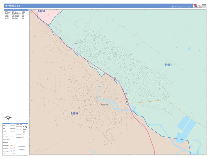 Color Cast Zip Code Style Wall Map of Petaluma, CA