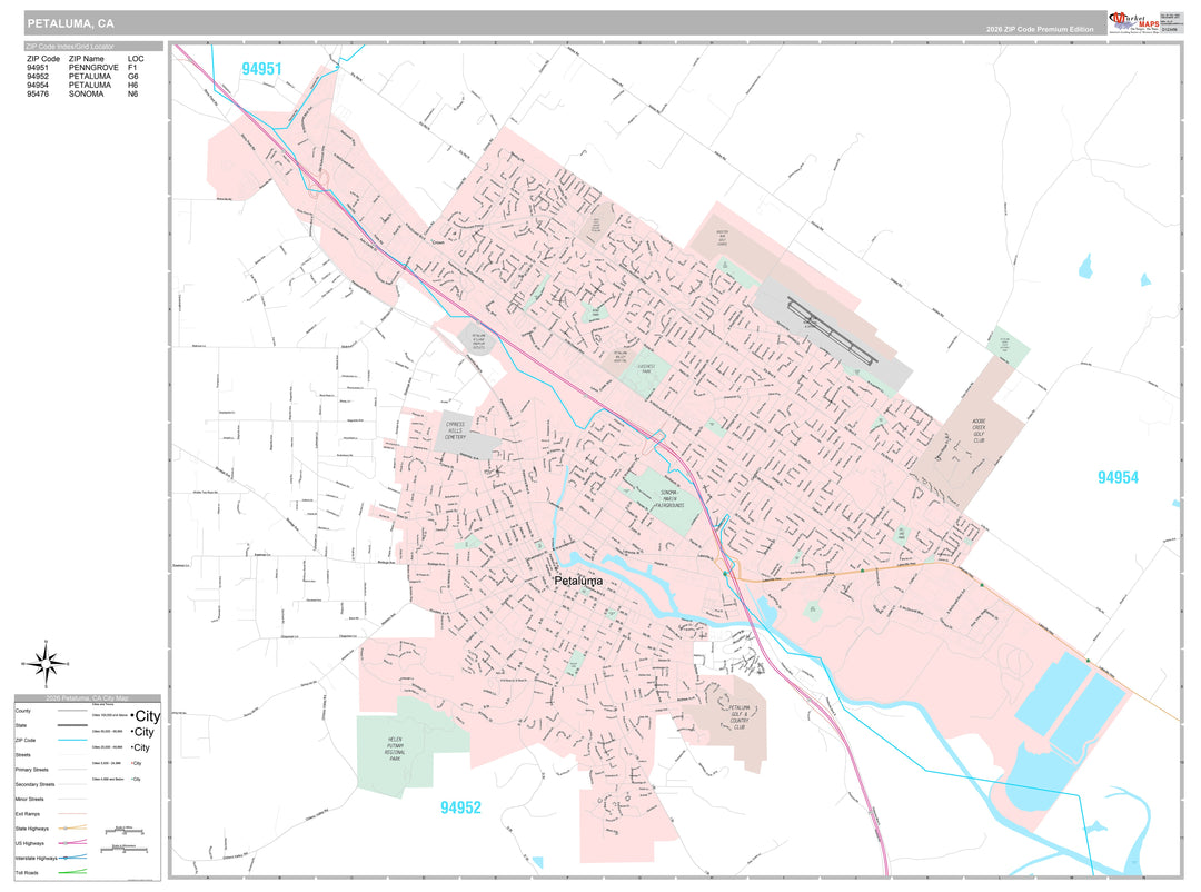 Premium Style Wall Map of Petaluma, CA