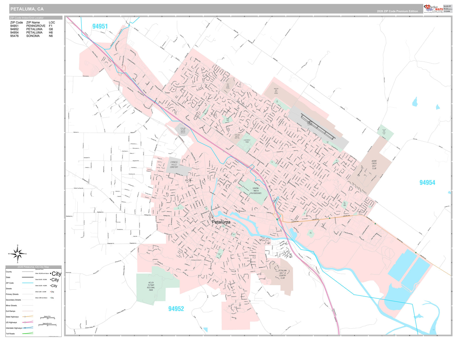 Premium Style Wall Map of Petaluma, CA