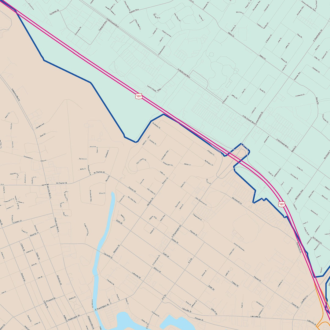 Color Cast Zip Code Style Wall Map of Petaluma, CA