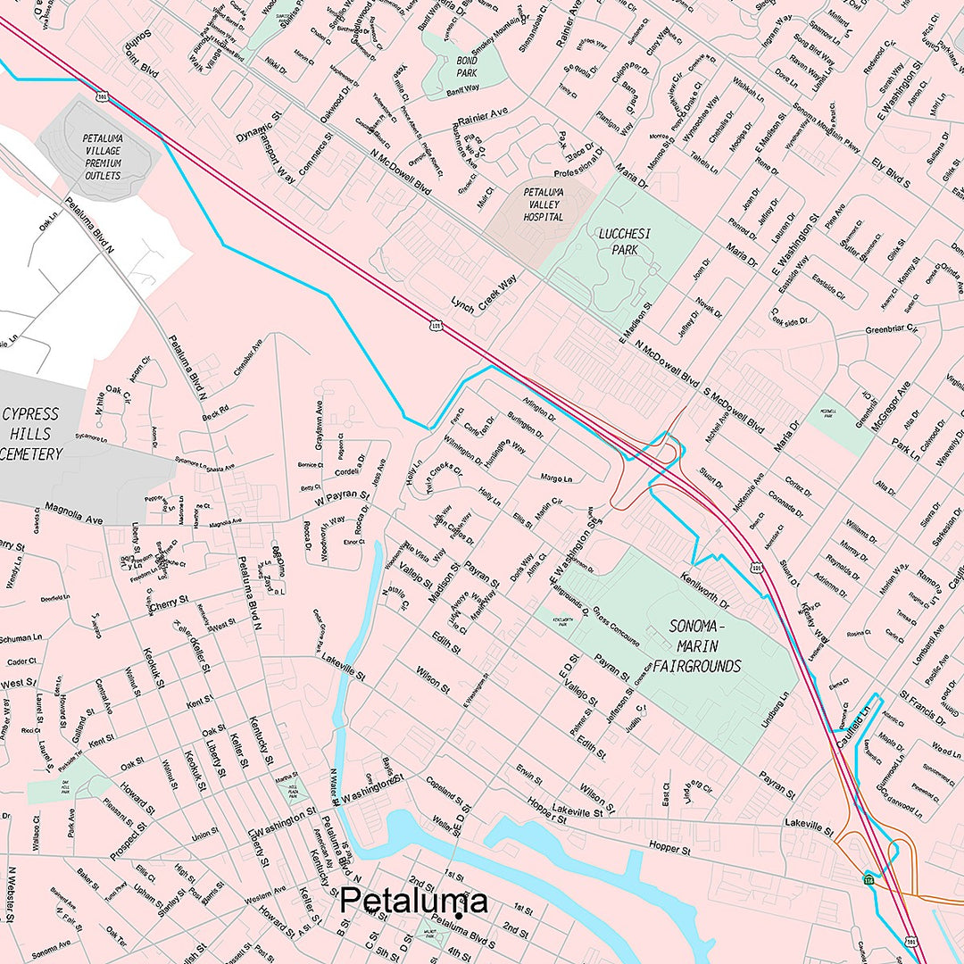 Premium Style Wall Map of Petaluma, CA