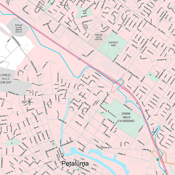 Premium Style Wall Map of Petaluma, CA