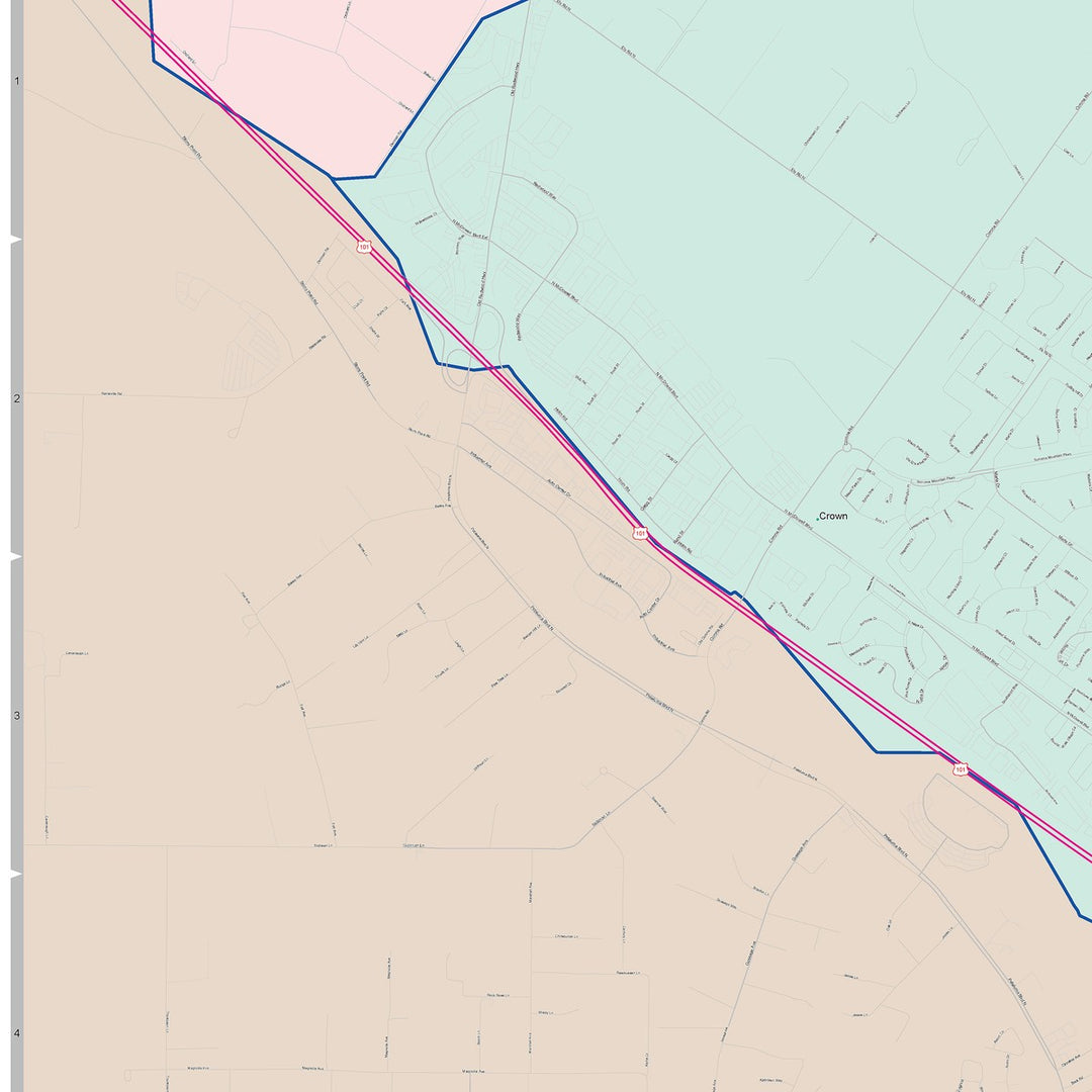 Color Cast Zip Code Style Wall Map of Petaluma, CA