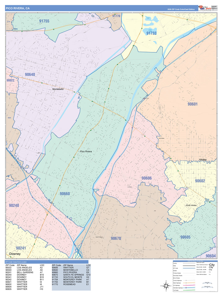 Color Cast Zip Code Style Wall Map of Pico Rivera, CA