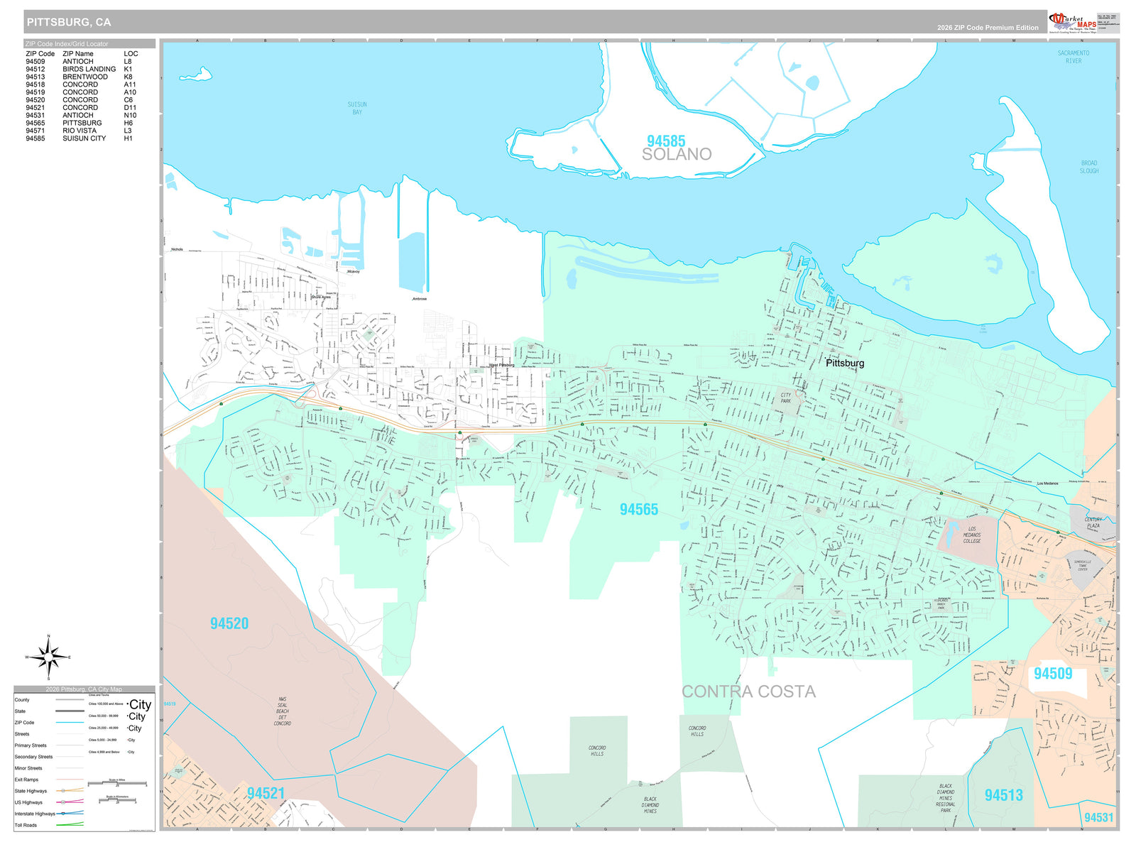 Premium Style Wall Map of Pittsburg, CA