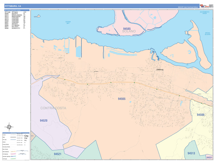 Color Cast Zip Code Style Wall Map of Pittsburg, CA