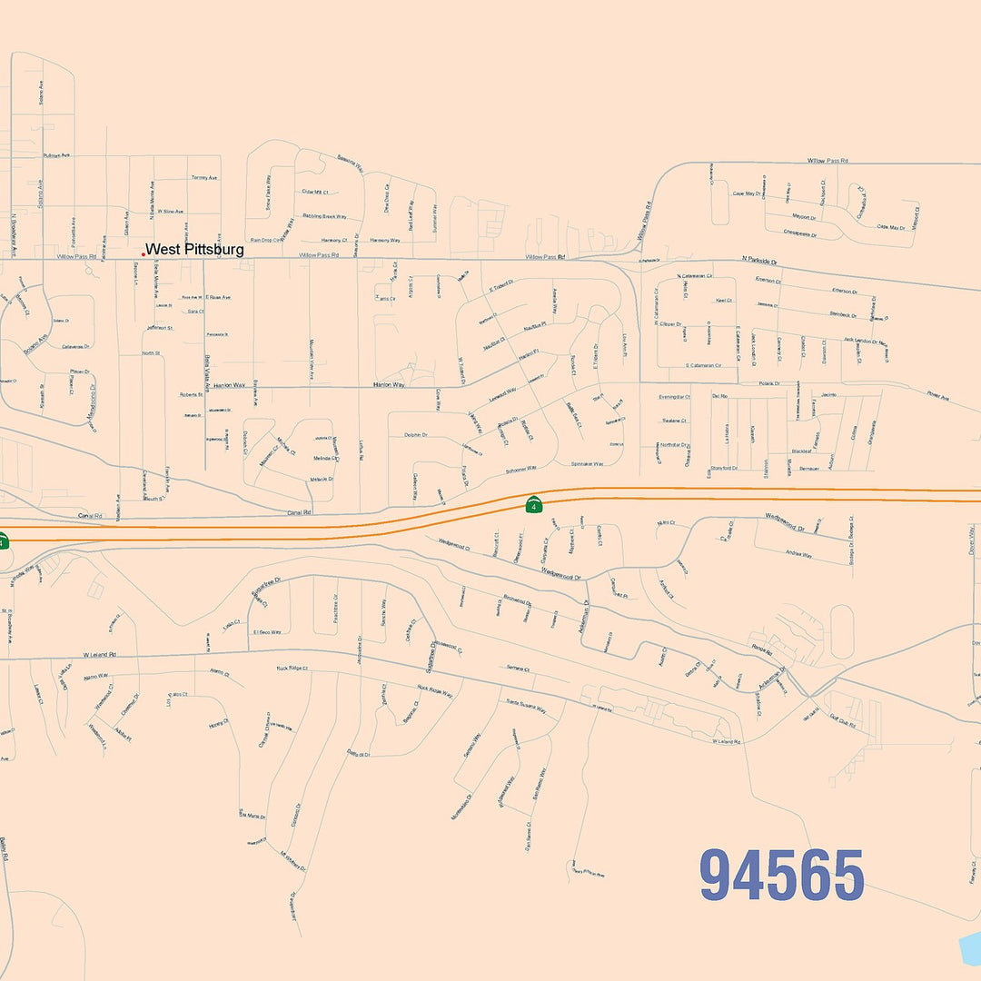 Color Cast Zip Code Style Wall Map of Pittsburg, CA