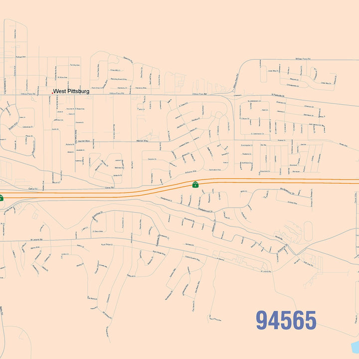 Color Cast Zip Code Style Wall Map of Pittsburg, CA