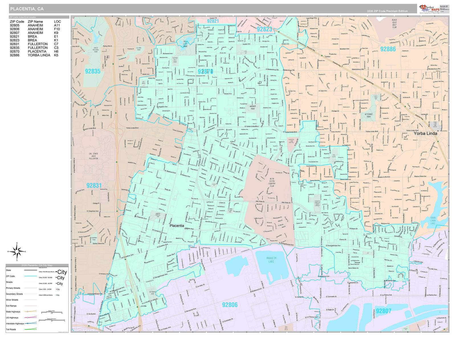 Premium Style Wall Map of Placentia, CA