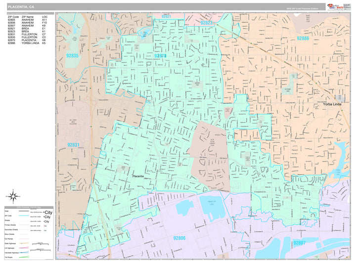 Premium Style Wall Map of Placentia, CA