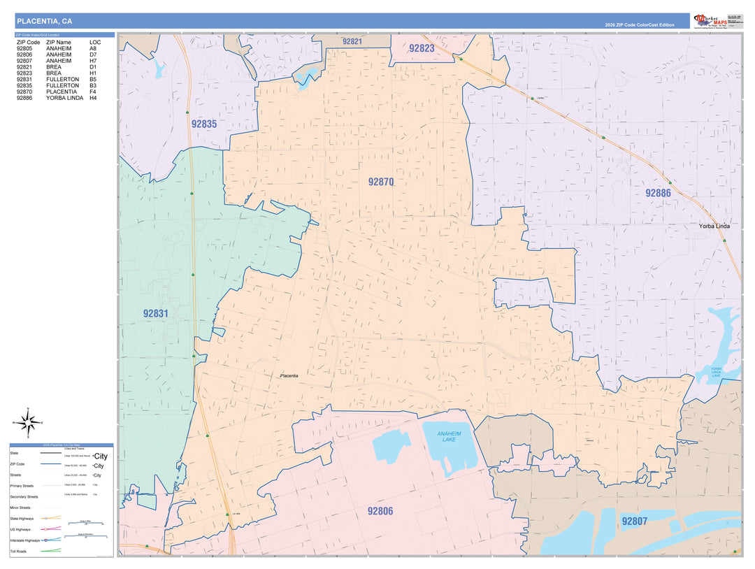 Color Cast Zip Code Style Wall Map of Placentia, CA