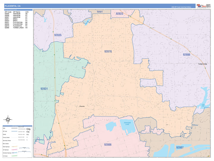 Color Cast Zip Code Style Wall Map of Placentia, CA