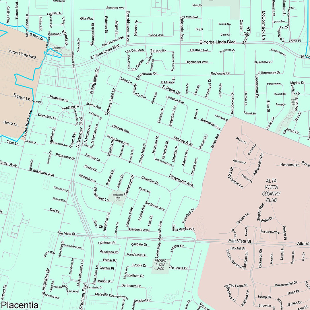 Premium Style Wall Map of Placentia, CA