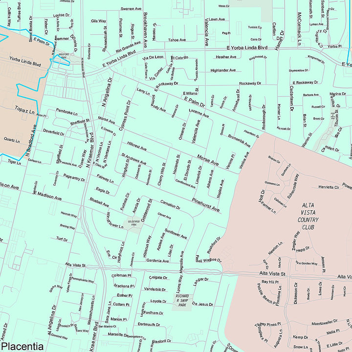 Premium Style Wall Map of Placentia, CA