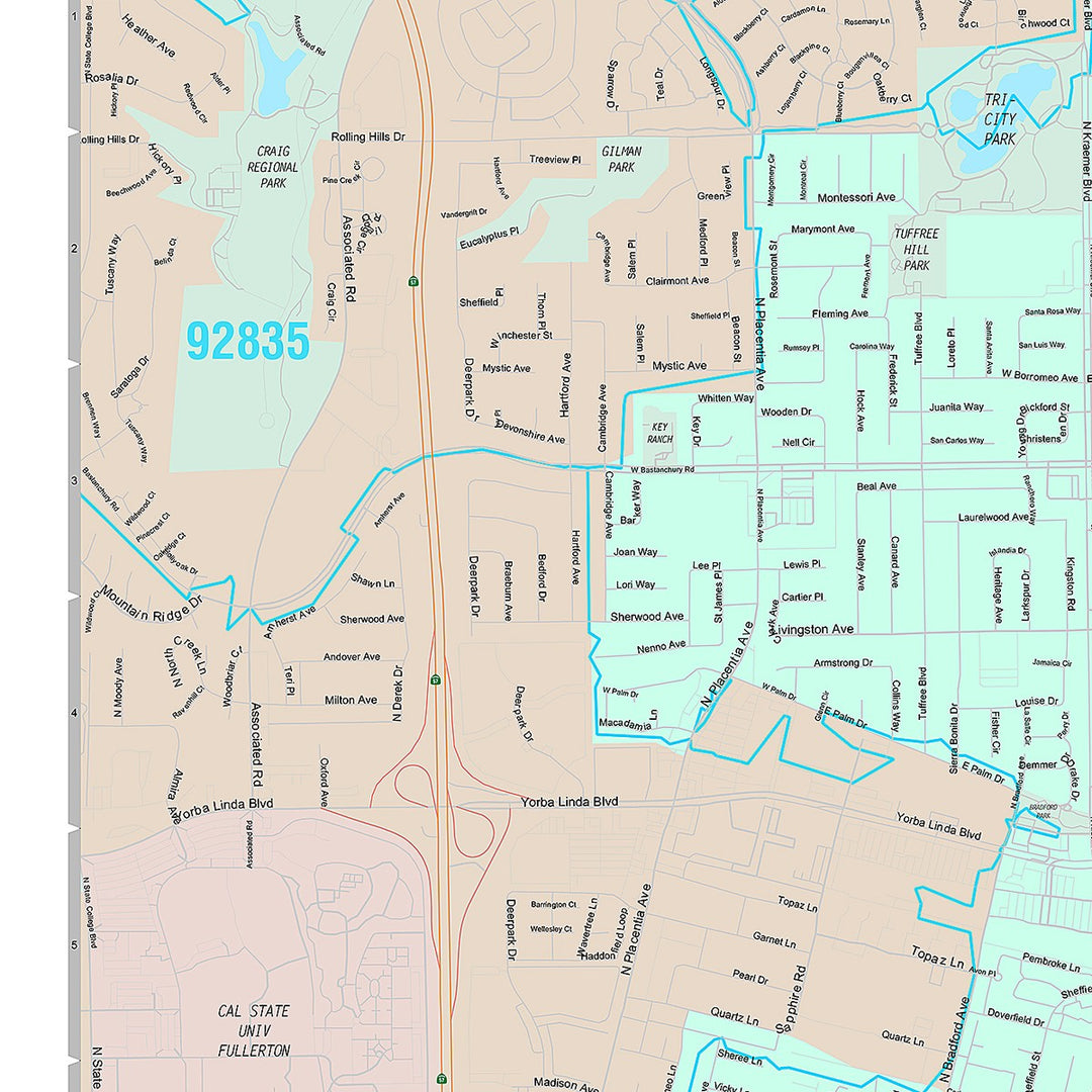 Premium Style Wall Map of Placentia, CA