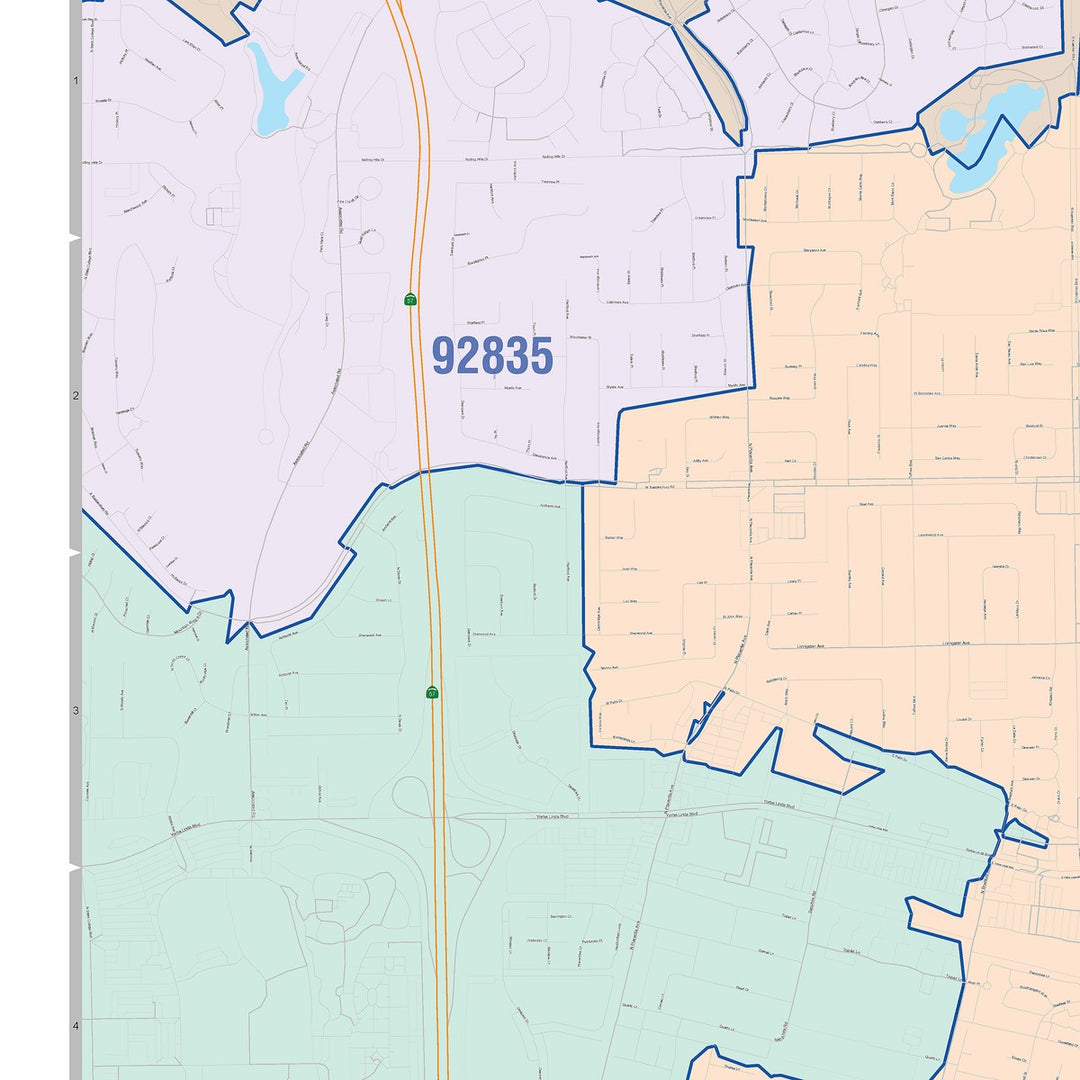 Color Cast Zip Code Style Wall Map of Placentia, CA
