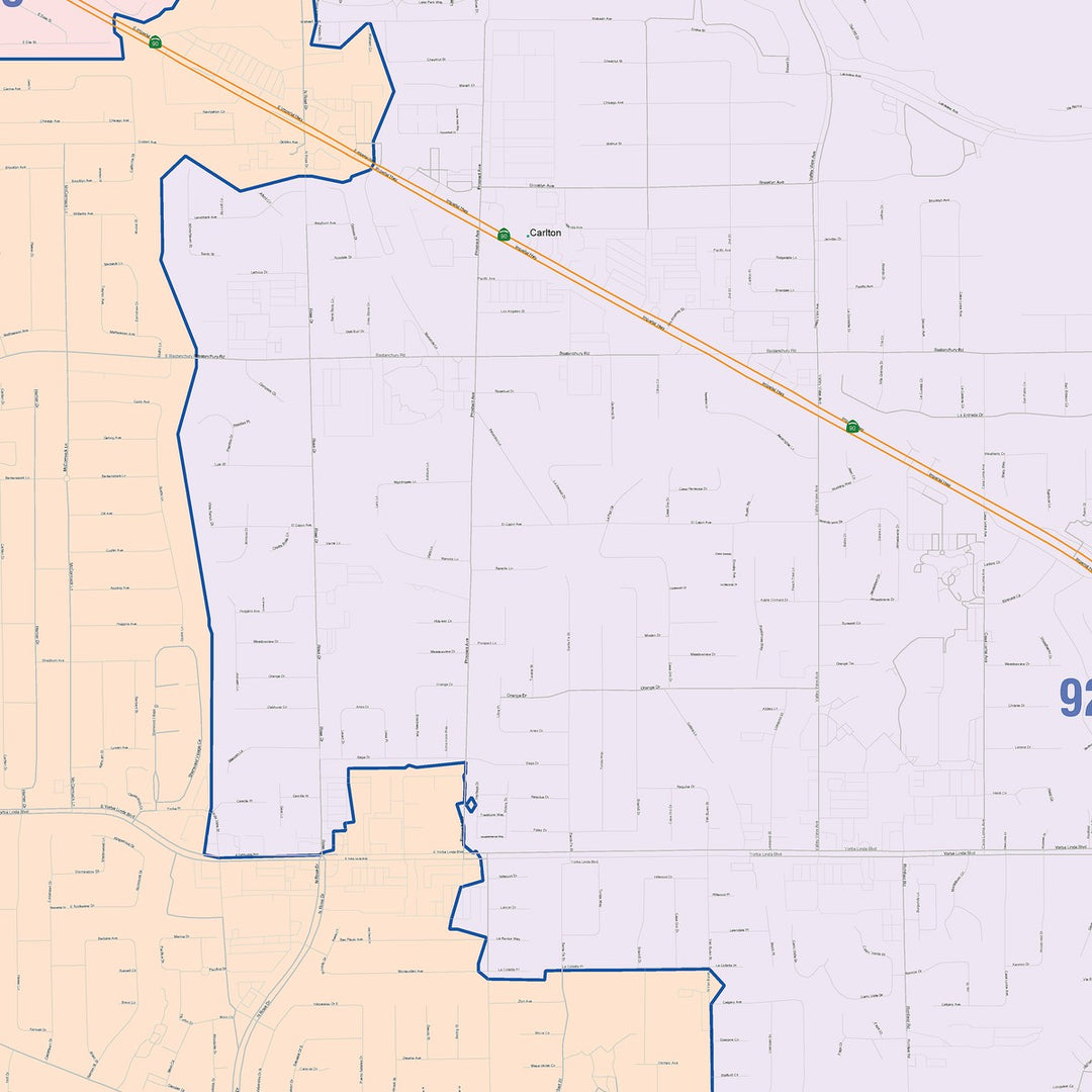 Color Cast Zip Code Style Wall Map of Placentia, CA