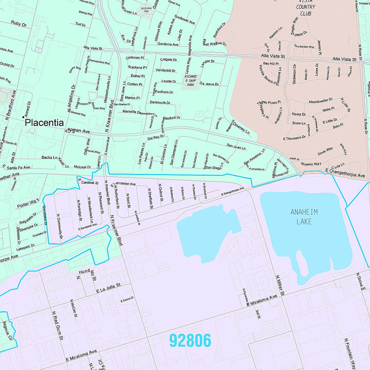 Premium Style Wall Map of Placentia, CA