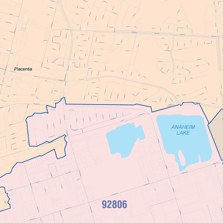 Color Cast Zip Code Style Wall Map of Placentia, CA