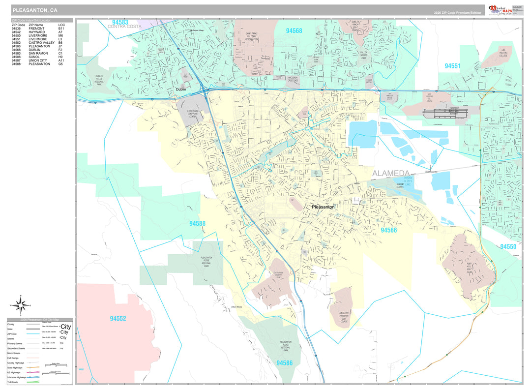 Premium Style Wall Map of Pleasanton, CA