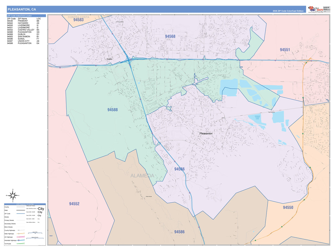 Color Cast Zip Code Style Wall Map of Pleasanton, CA