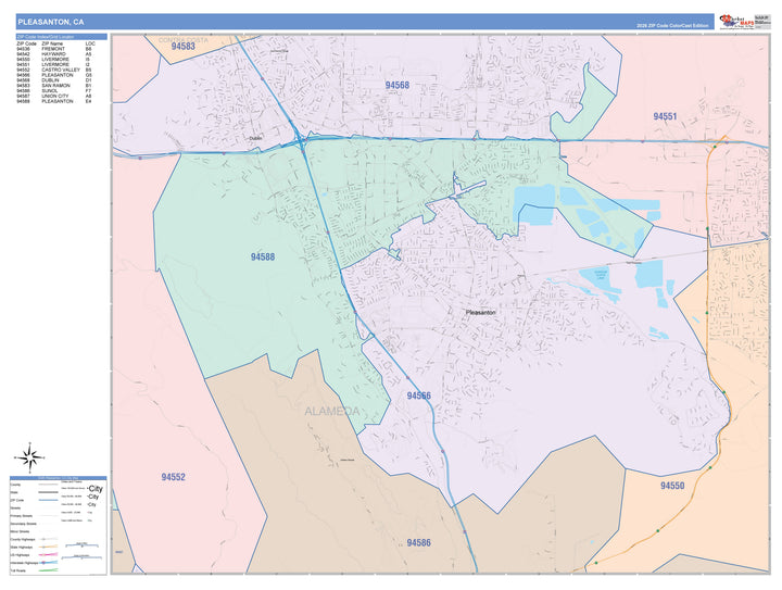 Color Cast Zip Code Style Wall Map of Pleasanton, CA