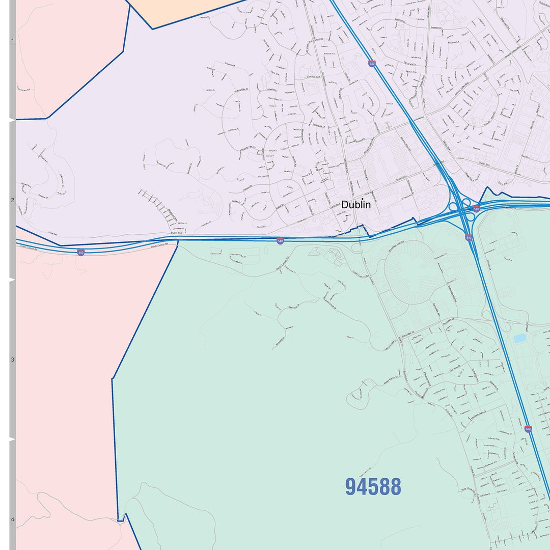 Color Cast Zip Code Style Wall Map of Pleasanton, CA