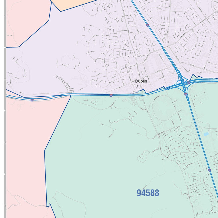 Color Cast Zip Code Style Wall Map of Pleasanton, CA