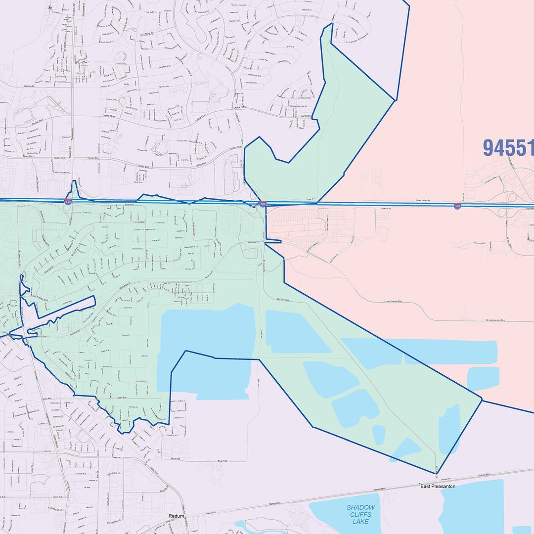 Color Cast Zip Code Style Wall Map of Pleasanton, CA