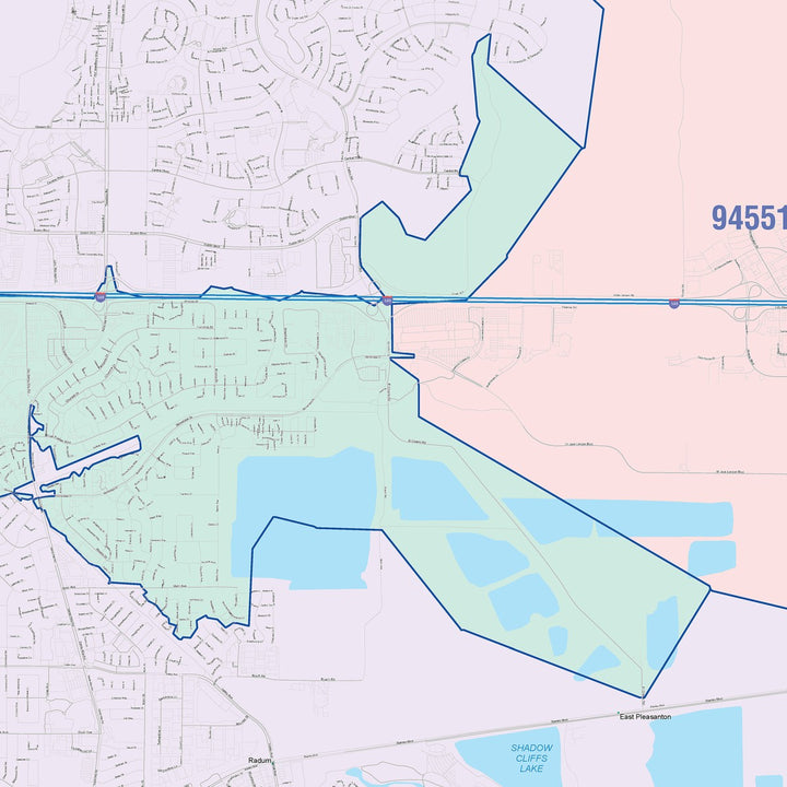 Color Cast Zip Code Style Wall Map of Pleasanton, CA