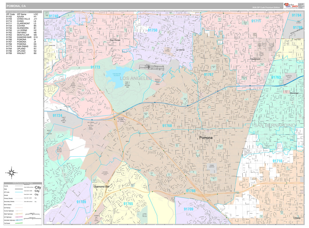Premium Style Wall Map of Pomona, CA