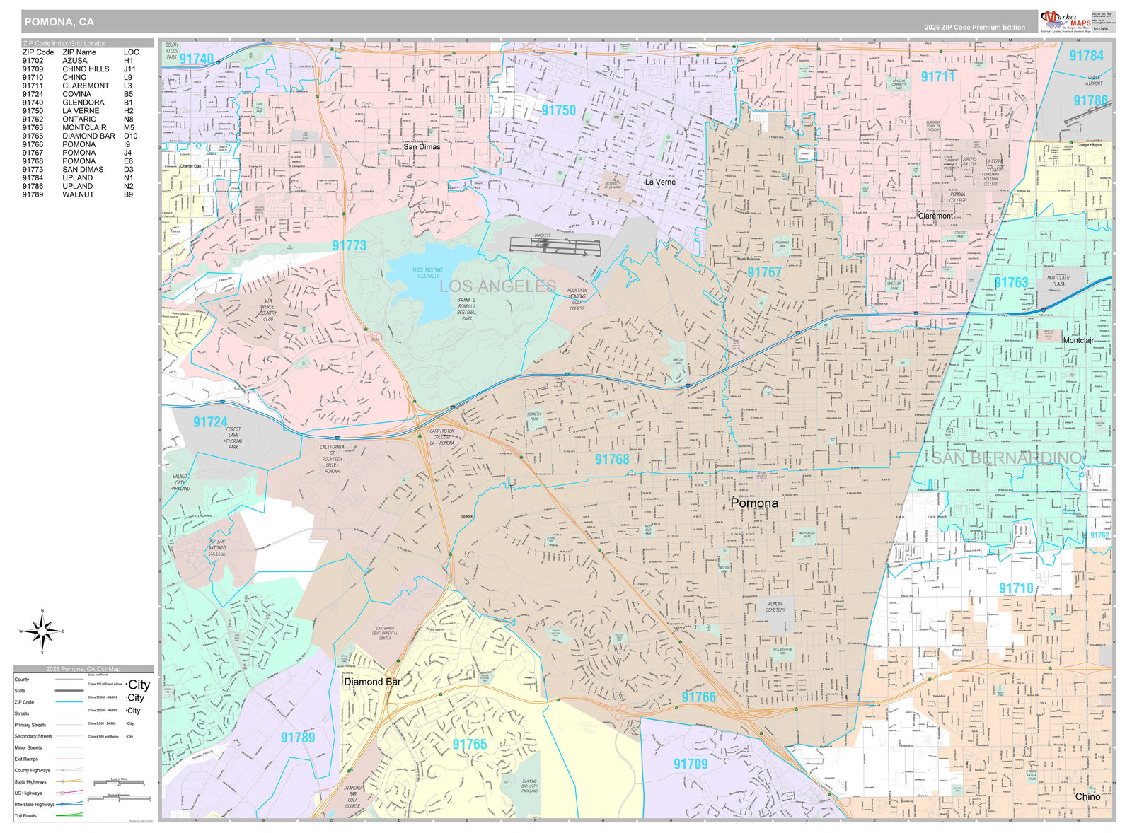 Premium Style Wall Map of Pomona, CA