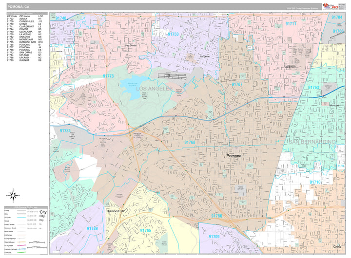 Premium Style Wall Map of Pomona, CA