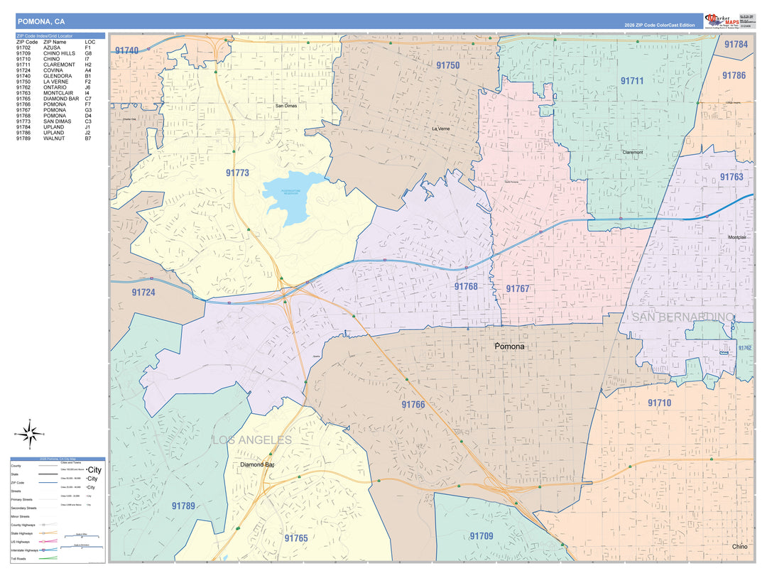 Color Cast Zip Code Style Wall Map of Pomona, CA