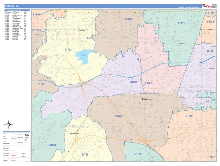 Color Cast Zip Code Style Wall Map of Pomona, CA