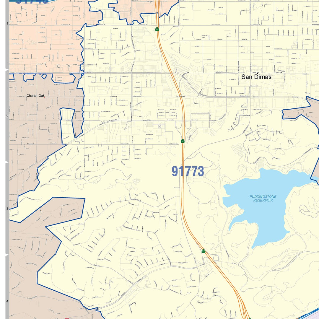 Color Cast Zip Code Style Wall Map of Pomona, CA
