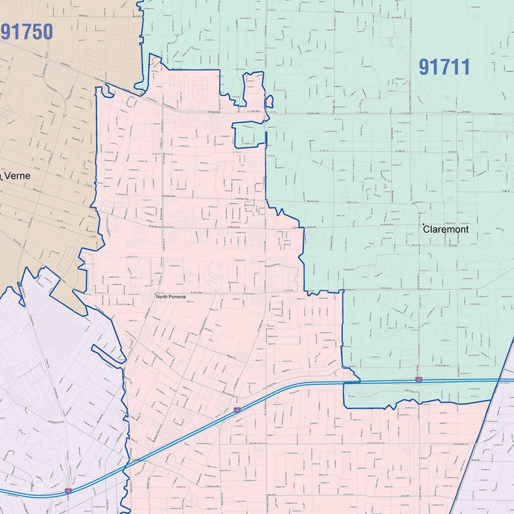 Color Cast Zip Code Style Wall Map of Pomona, CA
