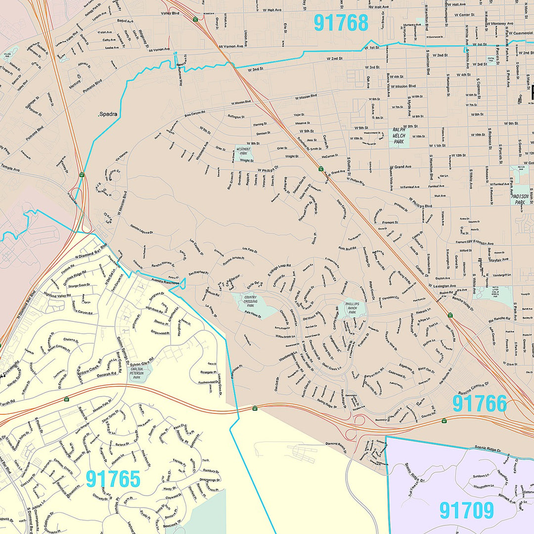 Premium Style Wall Map of Pomona, CA