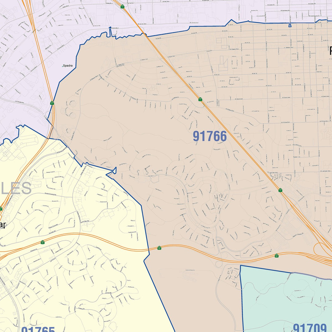 Color Cast Zip Code Style Wall Map of Pomona, CA