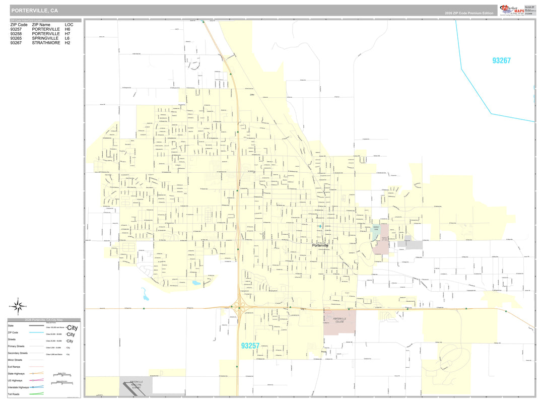 Premium Style Wall Map of Porterville, CA