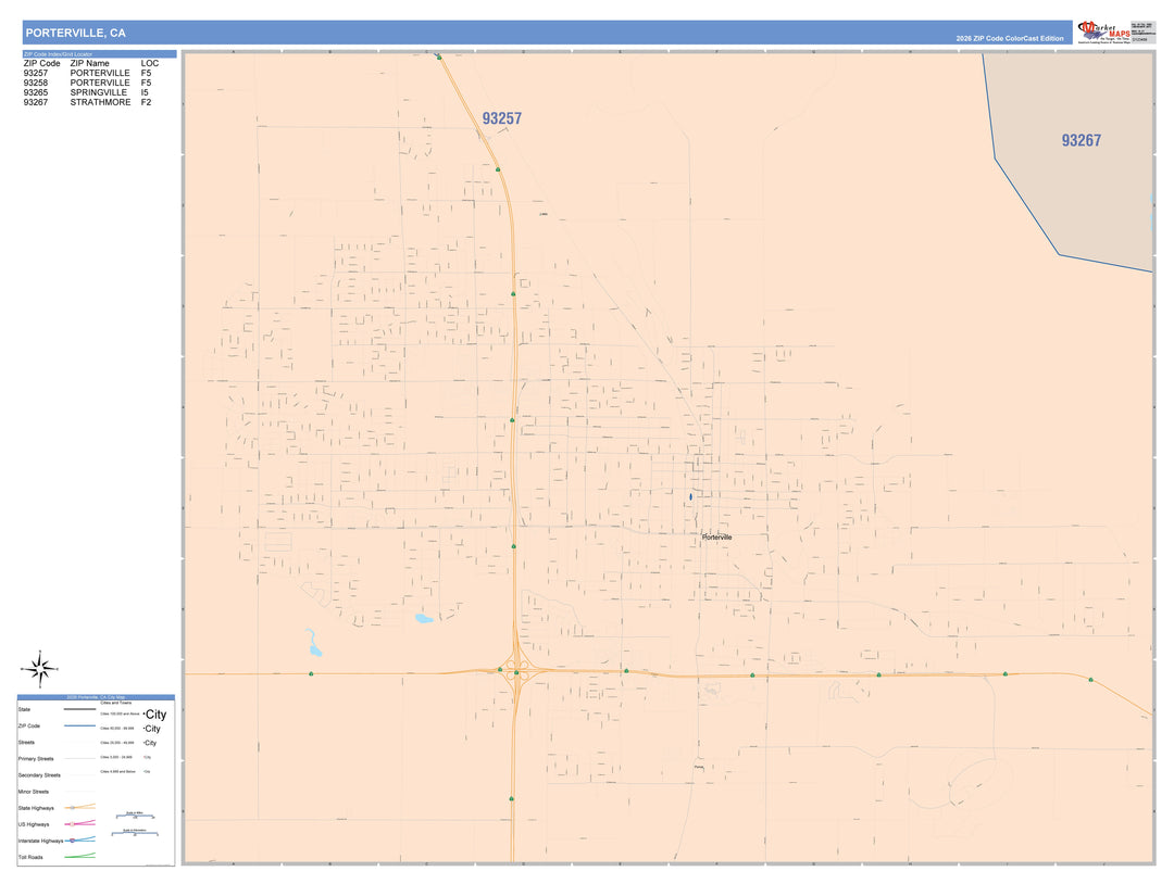 Color Cast Zip Code Style Wall Map of Porterville, CA