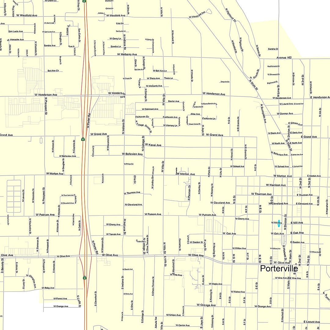 Premium Style Wall Map of Porterville, CA